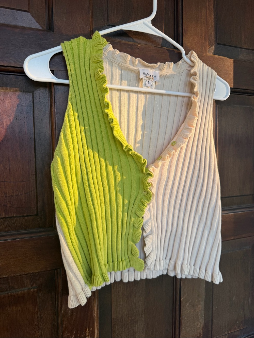 Two-Tone Ruffled Rib Knit Tank Top - Lime & Cream